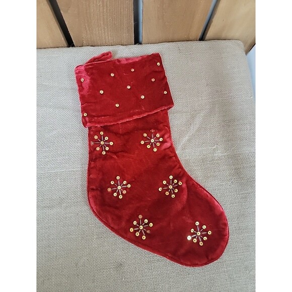 16" Red VELVETEEN CHRISTMAS STOCKING w/ Sequin SNOWFLAKES - Picture 1 of 3